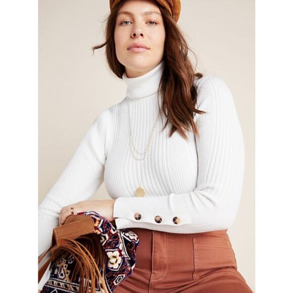 Anthropologie SZ M Cream Ribbed Turtleneck With Button Sleeve Details - Picture 1 of 6